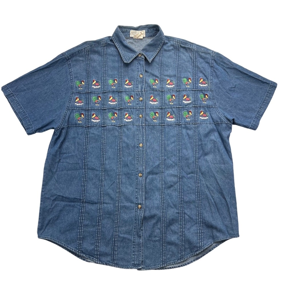 Mandal Bay Denim Shirt Womens 1X Embroidered Chickens Eggs Rooster Farm VTG 90s